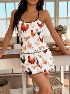 Women's Two-Piece Pajama Set, Tank Top and Loose Shorts, Cute Rooster Print, Casual Nightwear, Above the Knee, Comfortable Sleepwear