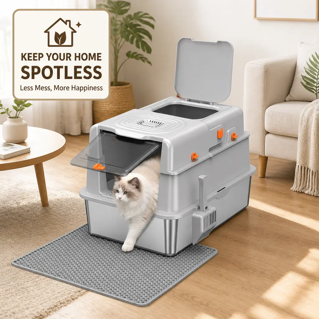 Stainless Steel Litter Box with Lid, XXL Extra Large Enclosed Metal Litter Box for Big Cats & Multi Cats, Non-Sticky, Anti-Leakage, Easy Clean,100° Full Flip Cover Anti-Splash Cat Toilet,