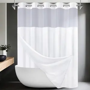 No Hook Shower Curtain with Snap in Liner Set Waffle Shower Curtain for Bathroom Hotel Style Fabric Waterproof Inner Liner,71" W x 74" H, White