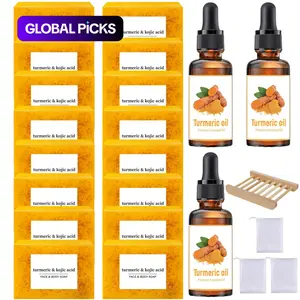 Turmeric Skincare Set, 16pcs Brightening Turmeric Kojic Acid Soap & 3 Counts Turmeric Oil & 1 Count Soap Dish & 3 Counts Soap Bag, Body & Face Care for Women & Men #GLOBAL PICKS