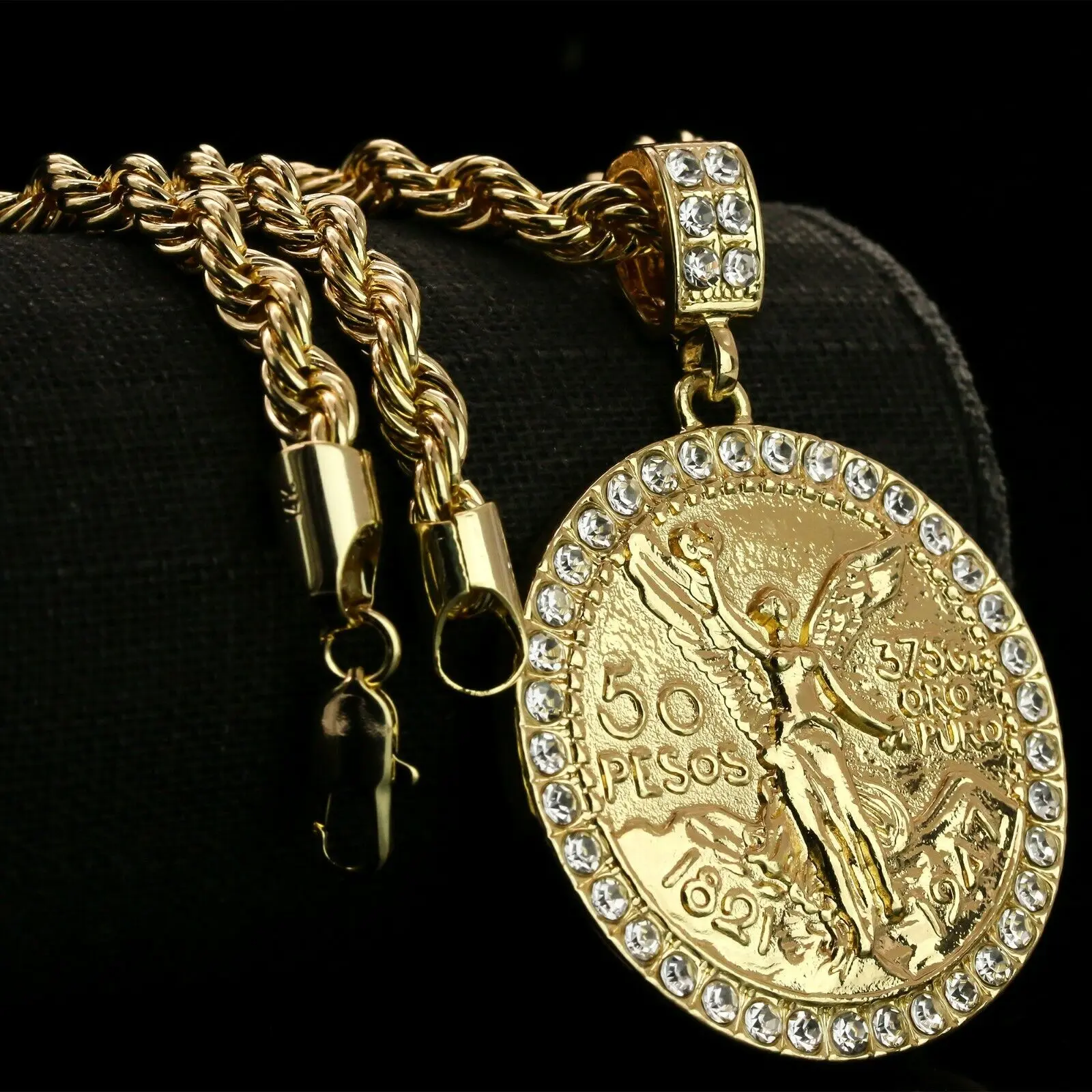 MaxBling81 Hip Hop Centenario 50 Pesos Pendant Rhinestone Necklace, 14k Gold Plated, 4mm 24" Rope Chain with Iced Cubic Zirconia