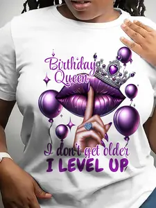 Perfect T-Shirt for Women'S Birthday Featuring a Queen Motif with Bright Purple Lips And a Crown, Easy to Wash Casual Top, Ideal for Birthday Celebrations, Everyday Use, And Festive Events, Playful Text, Low Maintenance Fashion Tee