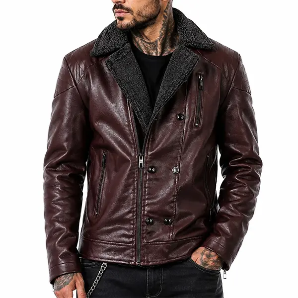 Men’s autumn/winter fleece-lined biker-style leather jacket with a slant zipper and multiple pockets, featuring a lambswool turn-down collar in wine red; slim-fit, warm outerwear for men.
