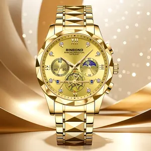 Mens Luxury Gold Watch with Diamond Cut Crystal Mirror & Band Quartz Movement Waterproof Scratch Resistant Luminous Chronograph Stainless Steel Multifunctional Dial Day Night Display Fashionable Gift for Him Timeless Timepiece