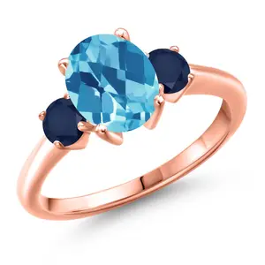 18K Rose Gold Plated Silver Gemstone Birthstone and Blue Sapphire 3-Stone Engagement Ring for Women | Oval 9X7MM and Round 4MM | Three Stone Wedding Anniversary Promise Ring | Sizes 5, 6, 7, 8, 9