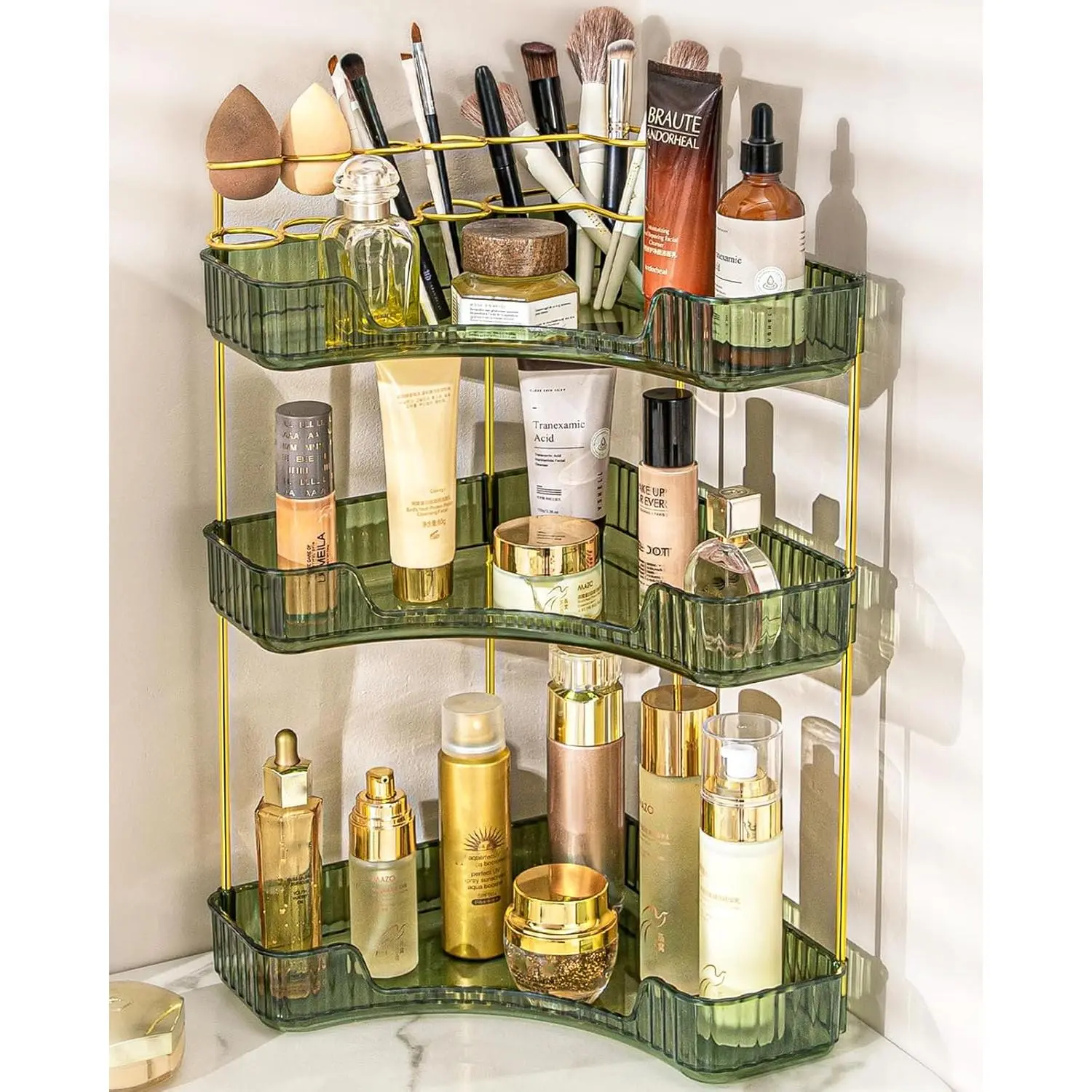 Acrylic 3-Tier Green Makeup Organizer with Makeup Brush Holder, 10*10*18 Inch Durable Corner Shelf, Decorative Perfume Organizer for Vanity Bathroom Countertop Dresser Storage, Large Size