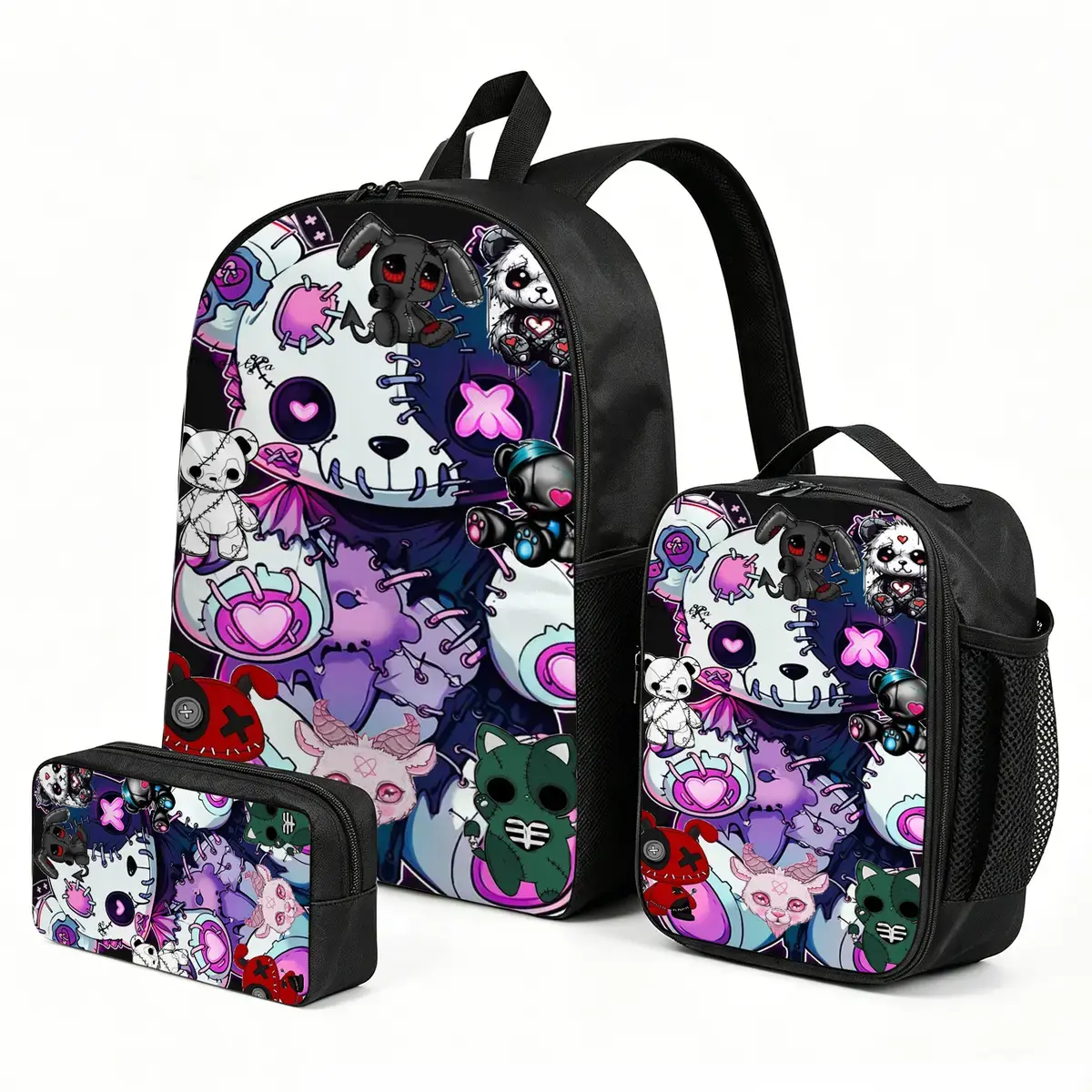 Violent-Bear Lightweight Elementary School Backpack with Elastic Strap, Heavy-Capacity Design, Kid-Friendly Features, Matching Lunch Pouch & Secure Pencil Pouch, 3pcs Print Daypack Set for Girls, Graphic, No Wheels, Thermal Lunch Protection, Zip, One Size