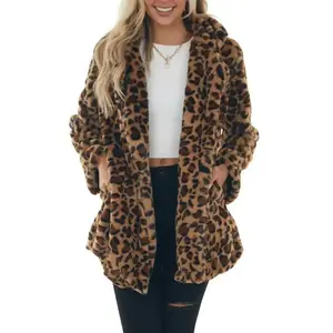 Women's Sexy Cozy Leopard Print Faux Fur Jacket with Pockets, Oversized Winter Coat, Casual & Formal Wear for Parties, Everyday Outfits, Warm Outerwear Womenswear Coffee Khaki S-XL