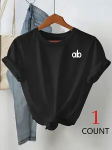 Women ab Letter Print Short Sleeve Summer T-Shirt, Loose Fit, Soft Breathable Fabric, Perfect for Daily Outings, Campus Commute & Casual Loungewear