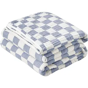 100% Cotton Throw Blanket 6-Layer Gauze Muslin Blanket Blue Grid Cooling Blanket Lightweight Soft and Breathable Blanket for Sofa Couch Gifts for Boys (Blue Checker, Throw 50"x60")