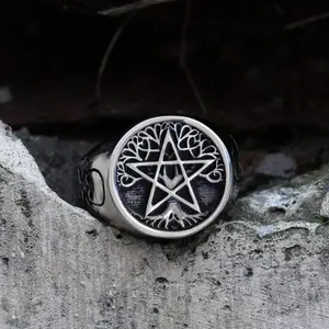 GTHIC Viking Pentagram Tree of Life Stainless Steel Ring for Men and Women Signet Ring Daily Wear Birthday Gifts