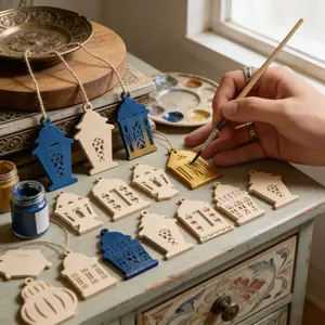 12 pcs Unfinished DIY Ramadan Wooden Lanterns Set, Islamic Wood Lanterns and Crescent Decorations, Perfect for Eid Mubarak, Muslim Home Decoration, Religious Home Decor