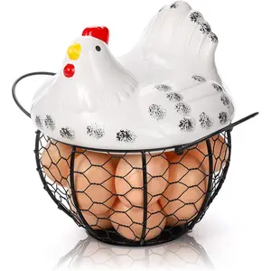 Chicken Egg Basket, Black Wire Egg Collection Baskes with Ceramic Lid for Gathering Fresh Eggs, Chicken Egg Holder, Decorative Farmhouse Cute Eggs Storage Container for Kitchen, Countertop