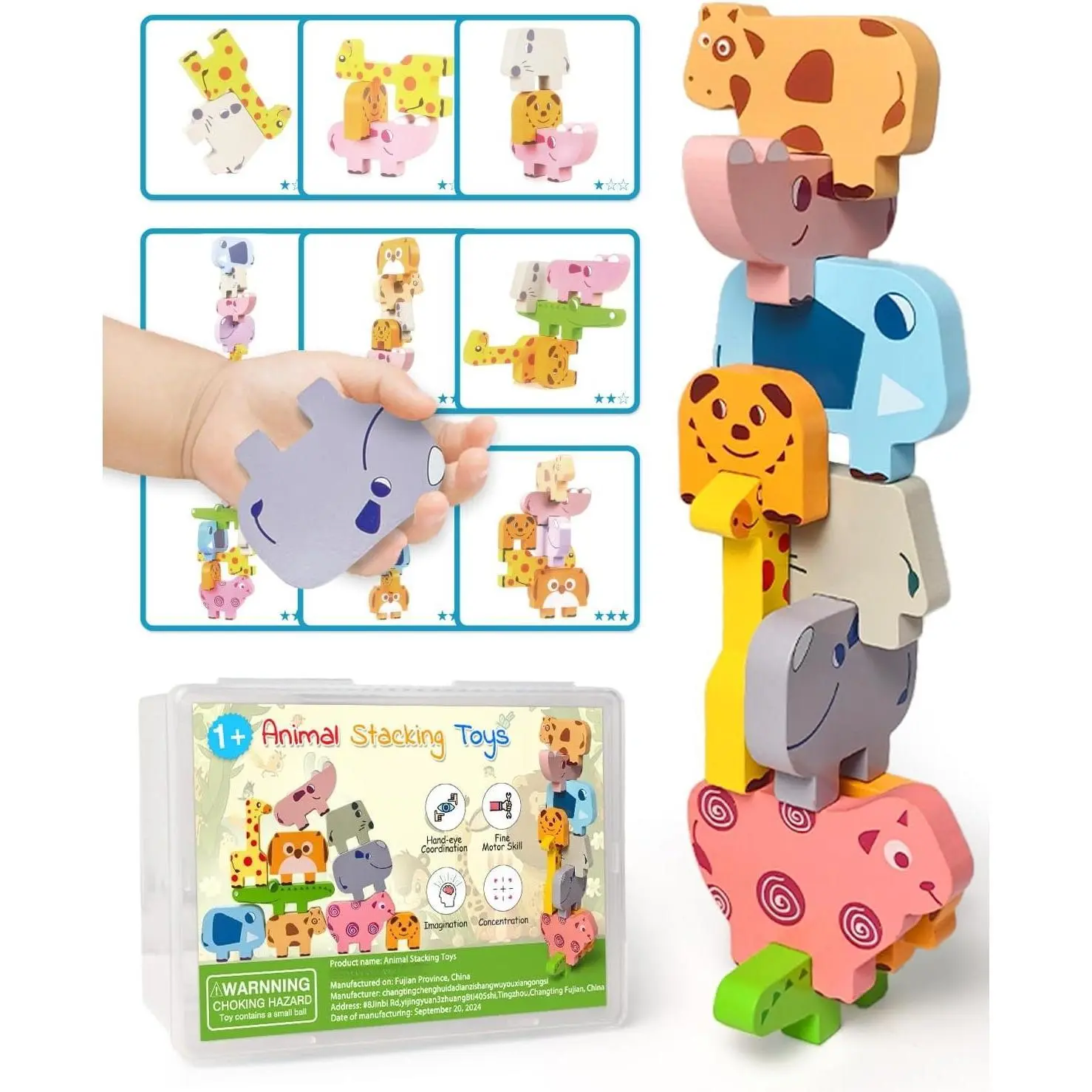 F-JP07 Wooden Animal Puzzle for Toddlers 1-3: Montessori Stacking Wooden Puzzle Toy for 1-4 Year Old Boys & Girls (Ages 0-2, 2-4 Kids Baby, Perfect Gifts for 1-3 Year Olds)