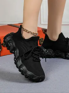 Women's Fashionable Lace Up Sneakers, Casual Comfortable Breathable Sports Running Shoes, Knitted Running Shoes, Female All-match Round Toe Chunky Sneakers for Daily Wear