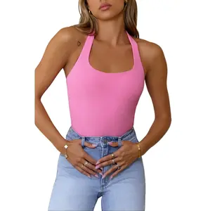 Hello Molly BASE Luxe Rib Simple Silhouette Halter Top Yellow Backless Tank Top Pink