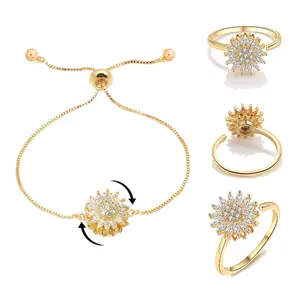 Jewerly Set,Spinning Sunflower Bracelet+Ring,Stylish Stress Relief with Sunflower Rings and Bracelet Jewelry, Jewelry Set for Women,Perfect Gift,Daily Outlook Acceccories