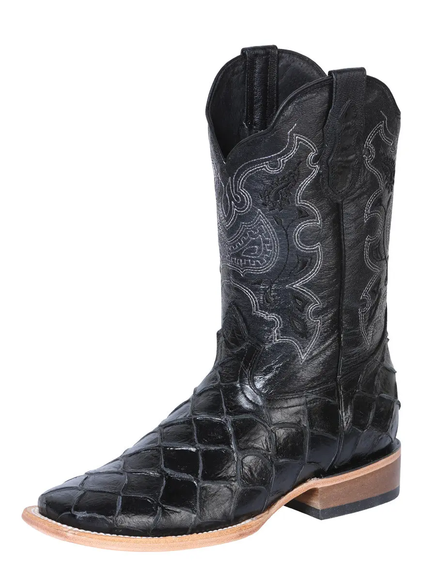 El General Men's Leather Cowboy Boot - Made in Mexico - Embossed Pirarucu Monster Fish Black 41792
