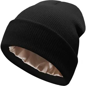 Satin Lined Beanie for Women Men Winter Warm Soft Lining Cuffed Knit Hats Silk Lined Beanie for Women Men