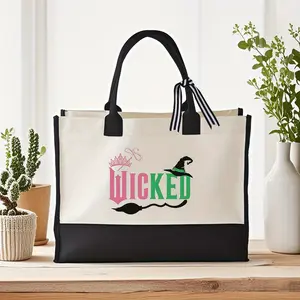 1pc Wicked Themed Tote Bag for Women - Witch Hat, Broomstick & Stars Print, Durable Polyester Large Capacity Beach/Camping/Shopping Tote, Black & Beige Design, Hand Washable Gift Bag, Beach Carryall, Playful Text Design, Sturdy Handle Design