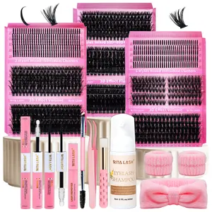 RITALASH 960PCS Spike&Cat Lash D Curl Individual Eyelashes Black Individual Eyelashes Soft And Comfortable Kit With Lash Bond&Seal Lash Remover Tweezers Dual-Ended Brush Shampoo&Brush Headband Wristband For Daily Life & Dates & Party