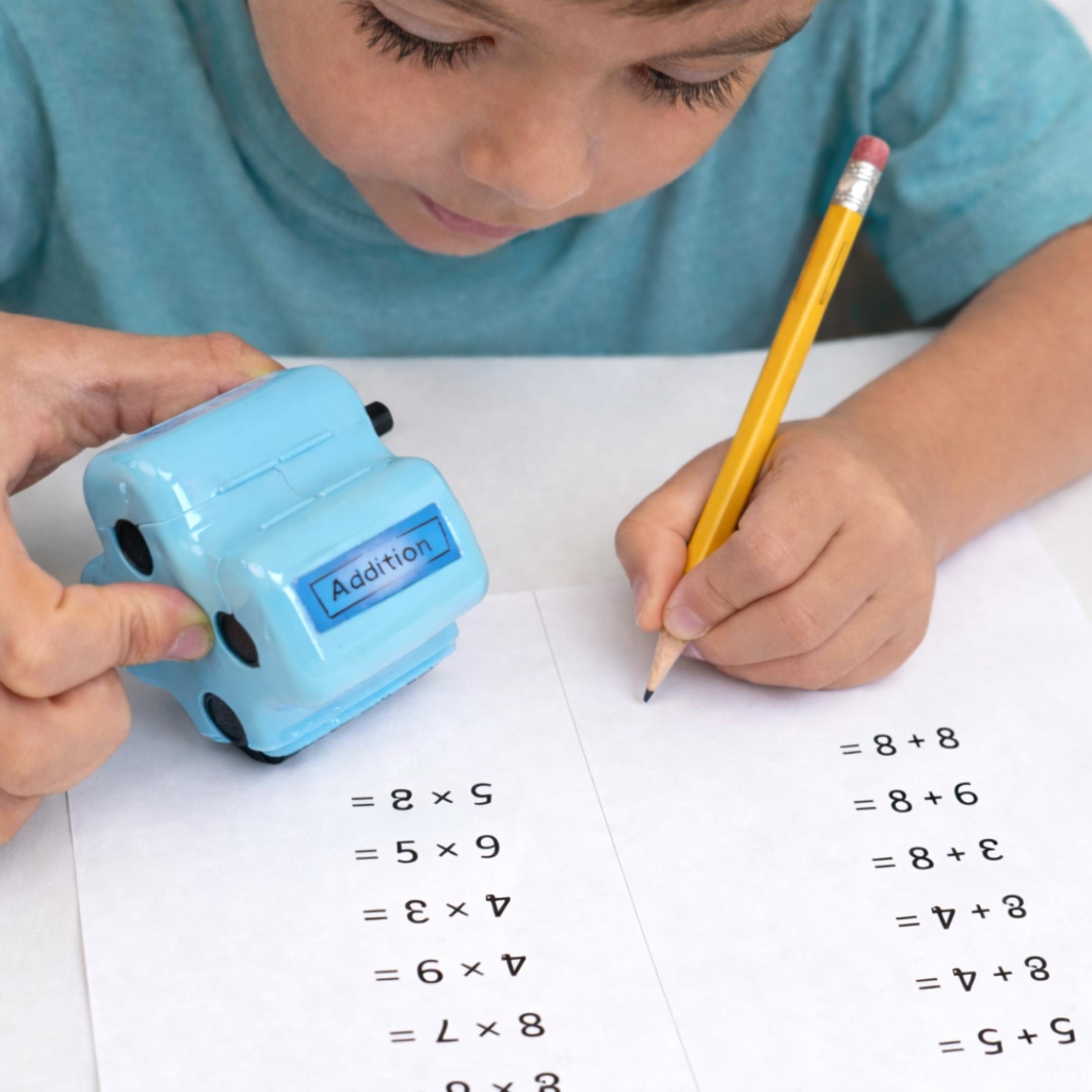 Math Teacher 4-in-1 Math Roller Stamp by GOLDENEGG [Free Grading App] | Addition Subtraction Multiplication Math Practice Tool | Math Learning Tools, Math Toys for Kids Ages 5-9, 1st 2nd 3rd Grade | Screen-Free Back to School Supplies, Homeschool
