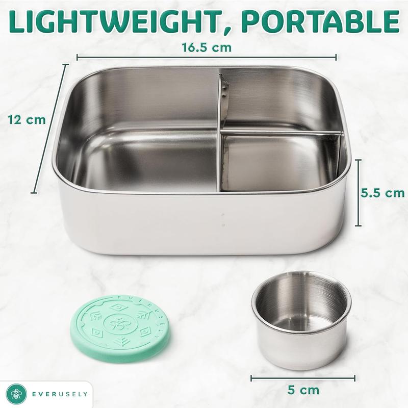 Everusely Stainless Steel Bento Box - 27oz / 0.8L - 3 Compartment Snack Organizer with Leakproof Condiment Container - Eco-Friendly & Dishwasher Safe Lunch Box