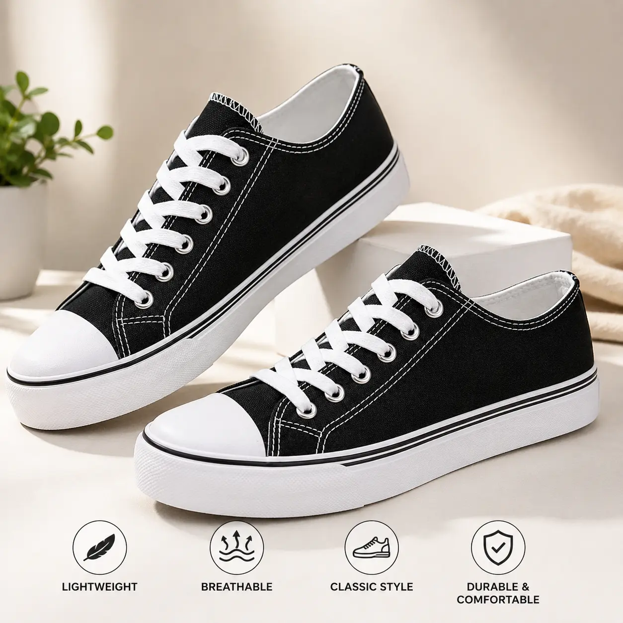 Women's Low-Top Canvas Sneakers – Lace-Up Casual Walking Shoes - size 8 US