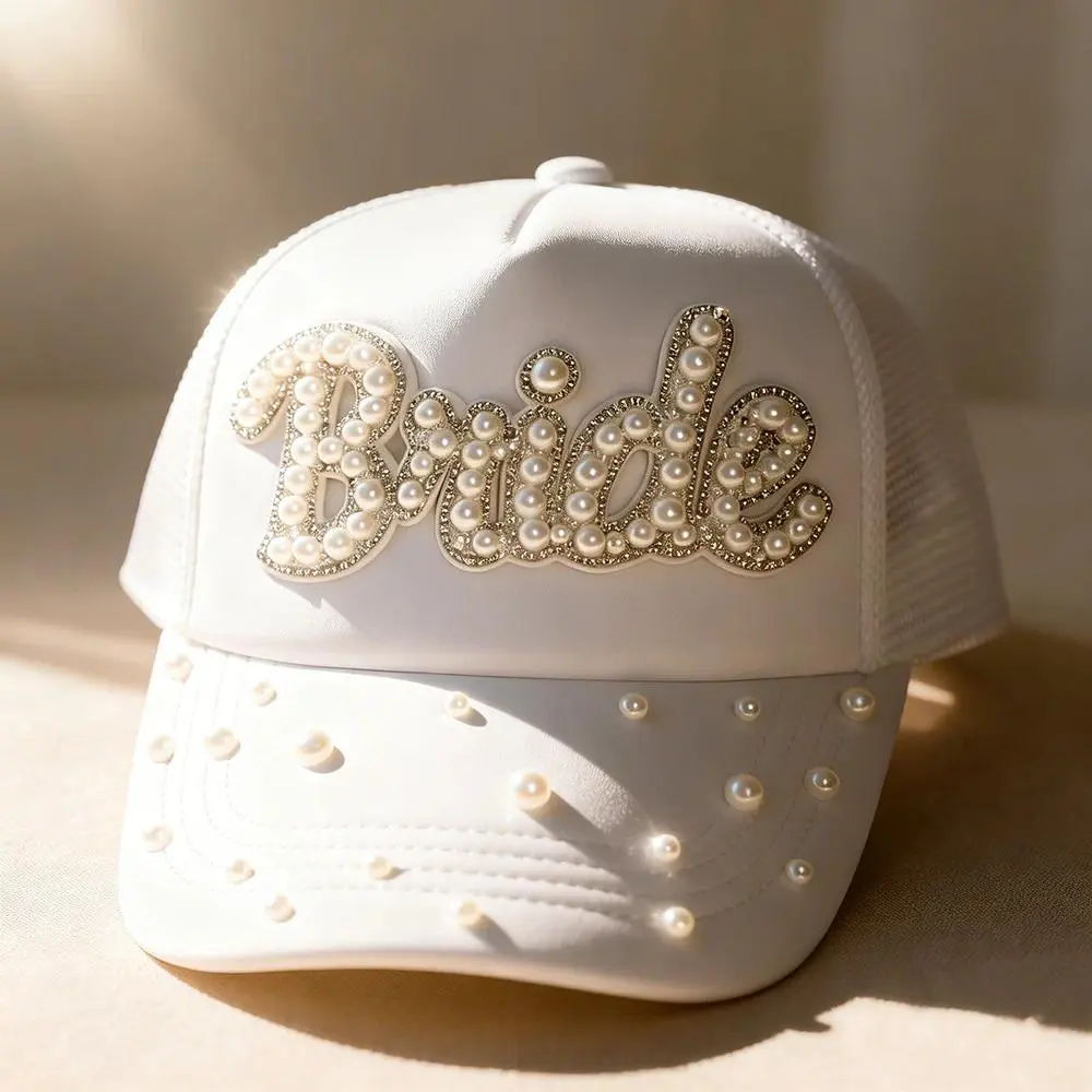 Sparkly Baseball Cap with Pearls and Rhinestones for the Bride-to-Be – Bachelorette Party and Bridal Shower Accessory Dress up Hat