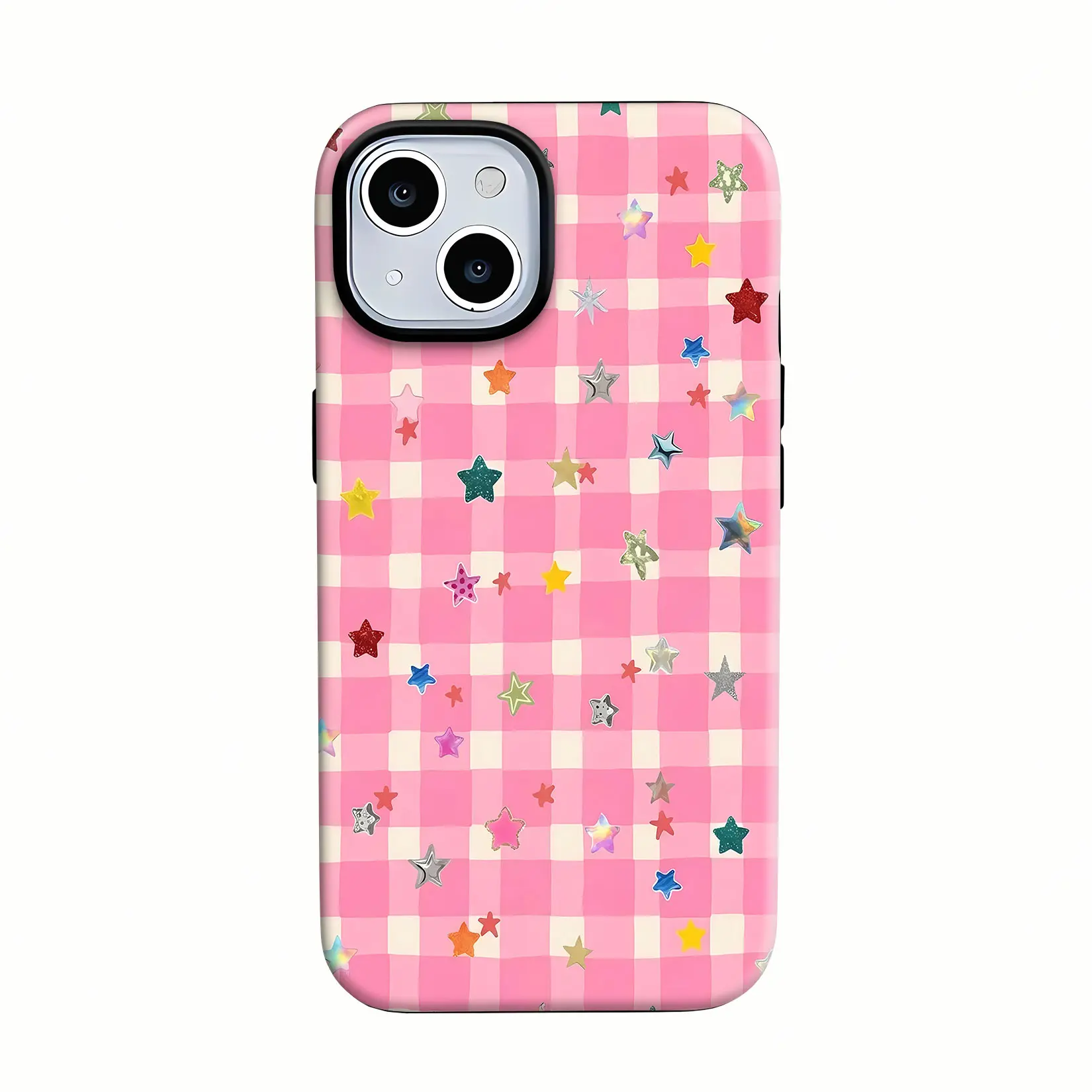 Pink Gingham Colorful Glitter Star Multi‑Color Pack 2‑in‑1 Phone Case - Compatible with Samsung S26/S25/S24/S23/S22/S21, iPhone 17/16/15/14/13/12/11 phone cases. Drop‑Resistant, Non‑Slip, and Fade‑Resistant. The Perfect Gift for Cute and Y2K Style Lovers.