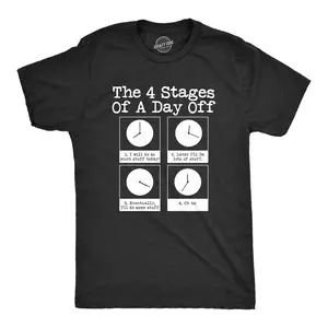 Mens The 4 Stages Of A Day Off T shirt Funny Lazy Procrastinate Office Humor Tee Mens Funny T Shirts Cool Vintage Fashion T-Shirt Gift Classic Menswear Funny Introvert Short Sleeve Novelty Tees for Guys Black
