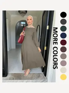 Tie-Waist Corset-Back Maxi Dress, Linen-Like Abaya, Modest Muslim Fashion, Long Sleeve Dresses