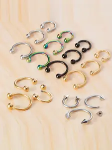 Gothic Punk Style Stainless Steel Circular Barbell & Horseshoe Hoop Earrings, 16 Gauge, for Cartilage, Daith, Eyebrow, Tragus, Lip Piercing, Nose Piercing Jewelry, Body Jewelry, Nose Rings Set