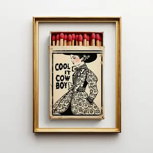 Coastal Cowgirl Millennial Granddaughter Print – Toile Chinoiserie Black & White Retro Western Decor, Cool It Cowboy Matchbook, Room Decor, Unframed