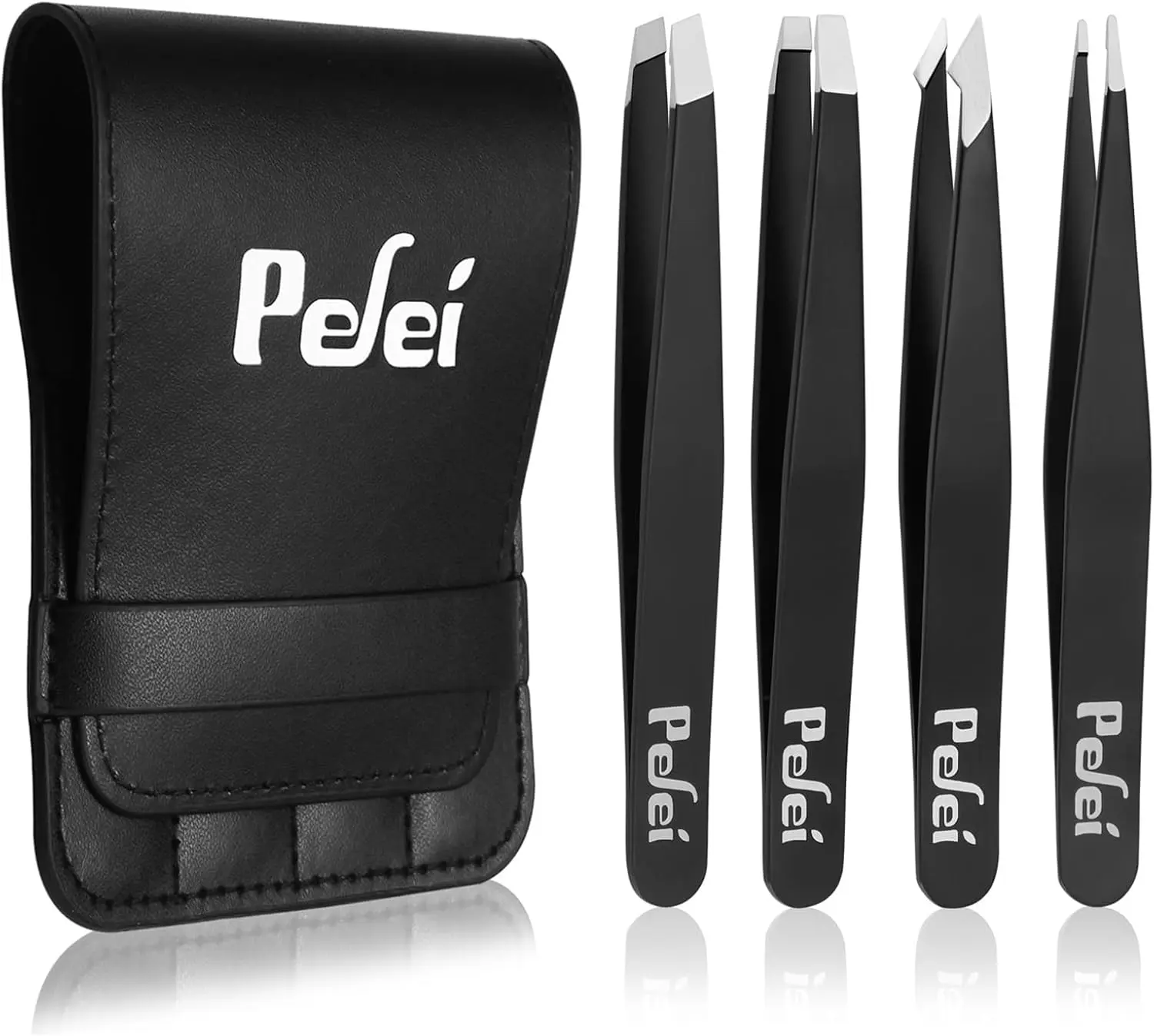 Professional 4-Piece Tweezer Set with Classic & Pointed Tips - Stainless Steel Cosmetic Eyebrow Makeup Tool for Precision Hair & Splinter Removal in Black Leather Holster, High-Precision, Handle, Adults, Metal, Multi-Pack, Hair Removal, Fine Travel Leathe