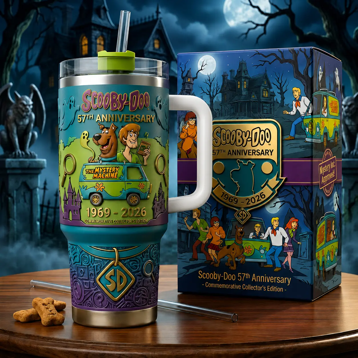 Scooby-Doo 57th Anniversary 1969–2026 #2 40oz Tumbler With Handle, Premium Vacuum Insulated Stainless Steel Travel Mug, Mystery Inc. Collector's Edition Gift