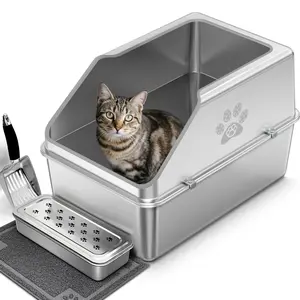 Ptlom Pure metal semi-enclosed stainless steel cat litter box,paw print,with beveled edges,non-stick,leak-proof,odorless,comes with mat and scoop