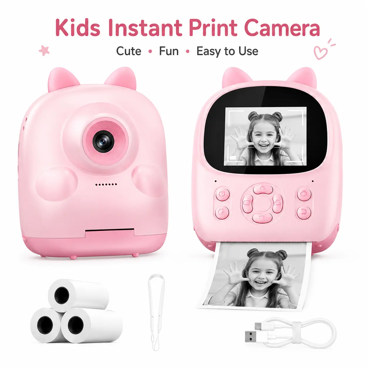 Kids Instant Print Camera, Cute Cat Ear Thermal Printing Camera for Girls Boys, Portable Digital Camera with Instant Photo Printer, Fun Memory Maker Gift for Kids Ages 3-12, Includes Thermal Paper Rolls & Lanyard
