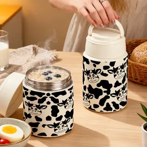 1pc 27/17oz Insulated Food Jar with Cute Cow Pattern Print, Lunch Vacuum Soup Thermos For Hot Food with Inserts Stackable Bento Box Storage Container,Width Mouth Stainless Steel Portable Insulated Food Jar