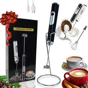 Milk Frother Handheld Rechargeable, 3-Speed Electric Frother Wand Whisk,  Maker Drink Mixer with Stand, 2 Whisks Coffee Frother for Latte, Cappuccino, Matcha, Cocoa, Eggs, Black-1