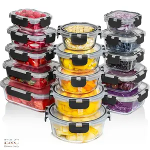 EC 30 PC Silicone-Sealed Kitchen Glass Food Storage Containers With Lids, Airtight Leakproof Snap-Locking Square & Round Reusable Meal Prep Containers for Lunch Leftovers, Oven Freezer Microwave Dishwasher Safe