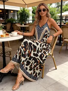 Women's Leopard Print Colorblock Halter Long Dress, V Neck Sleeveless Casual Beach Dress, Ethnic Style Summer Vacation
