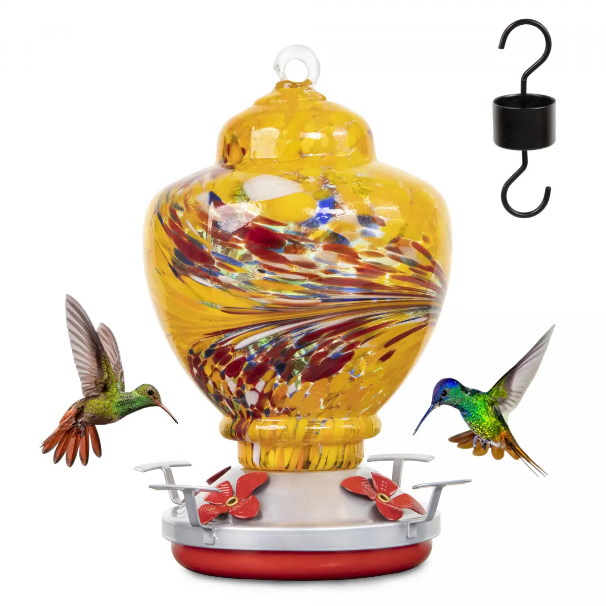 hummingbird feede Ennva Large Hummingbird Feeder, 32-oz Colorful Hand-Blown Glass Father's Day Gift, Outdoor Garden Decor Backyard Bird Feeding Tool with Anti-Ant Cover, Hanging Hook, Rope, Brush & Service Card (Yellow) homeessentials