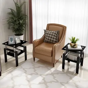 Modern Tempered Glass Coffee Table End Table, Square Glass Side Table for Living Room, Minimalist Design for Small Spaces, Glass End Table Set for Living Room, Bedroom (Black, Set of 2)