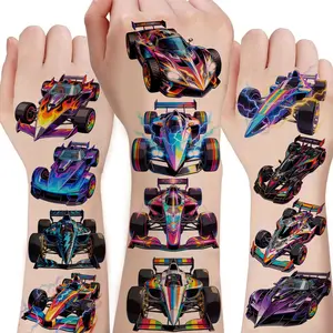 Twenty 3D Vibrant Racing Party Theme Tattoo Stickers, Flame Lightning Glowing Race Car, Punk Mecha Design, Perfect for Holiday Parties