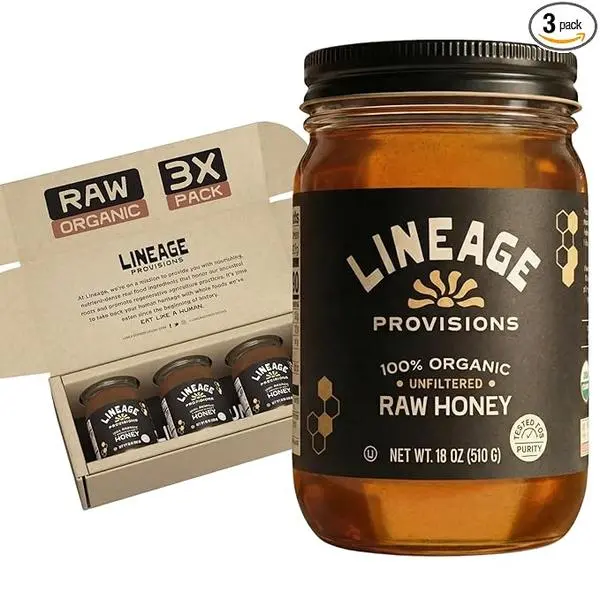 Lineage Provisions 100% Organic Raw Unfiltered Honey – 3-Pack (18 oz Glass Jars) – Undetectable Glyphosate, Chemical-Free, Gluten-Free & Non-GMO – Undergoes no heating, processing, straining, or additives – Hand-Harvested Pure Honey