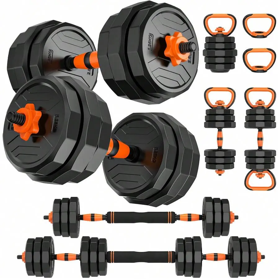66lb 6-in-1 Dual Adjustable Dumbbell Set - Home Workout Equipment with Connector, Converts to Barbell, Weighted Plate, Kettlebells, Push-Up Bars for Home Gym Free Weights