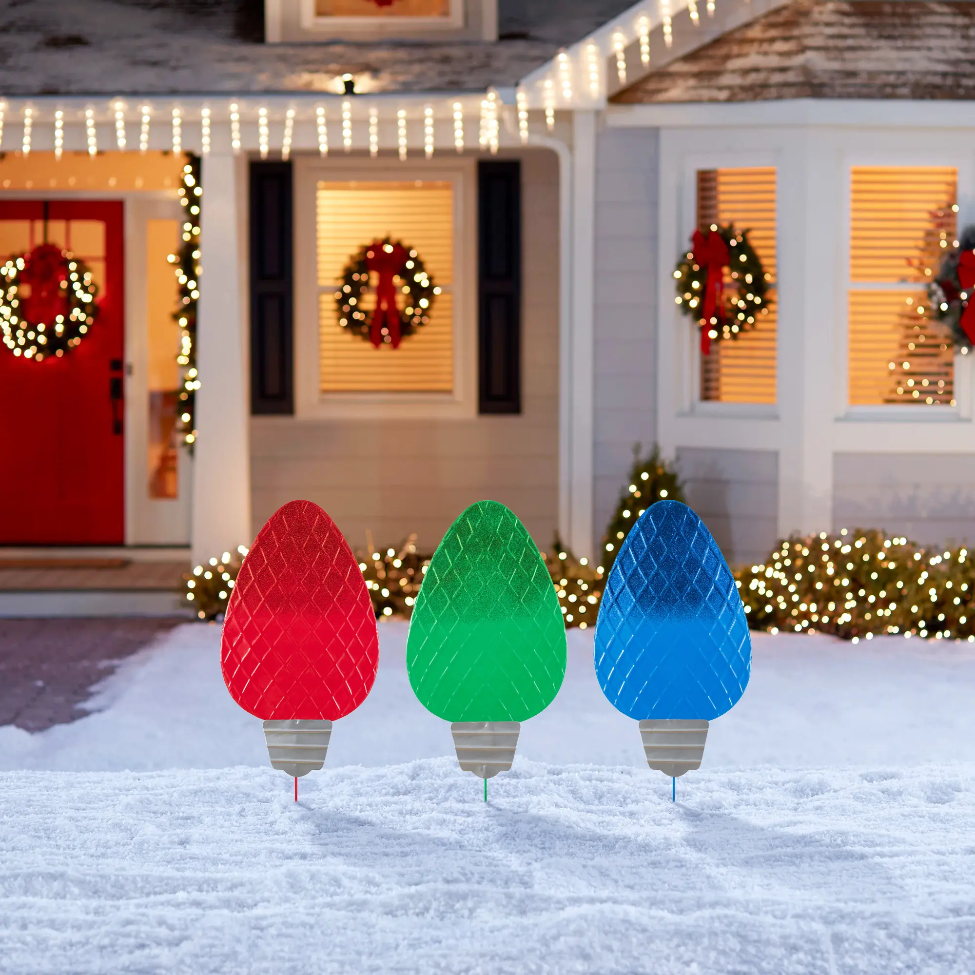 Glitzhome 23.5"H Retro Classic Christmas Metal Bulb Yard Stake Set of 3 - Red/Green/Blue Lights Ornaments, Easy Install Floor Mount Christmas Decor for Holiday Backyard Glow Up, Patio Decoration