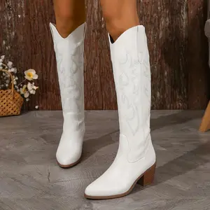 White Embroidered Knee Western Boots Women Girl/*r