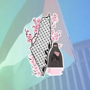 Palestine Map Sticker with Keffiyeh Pattern, Muslim Woman Illustration, Cherry Blossom Vinyl Decal